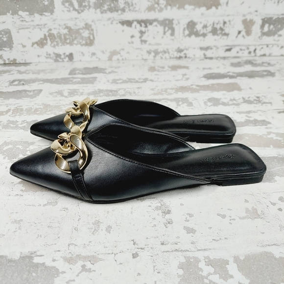 New Open Edit Kristina Black Faux Leather Chain Slip On Mules B21 - Picture 1 of 11